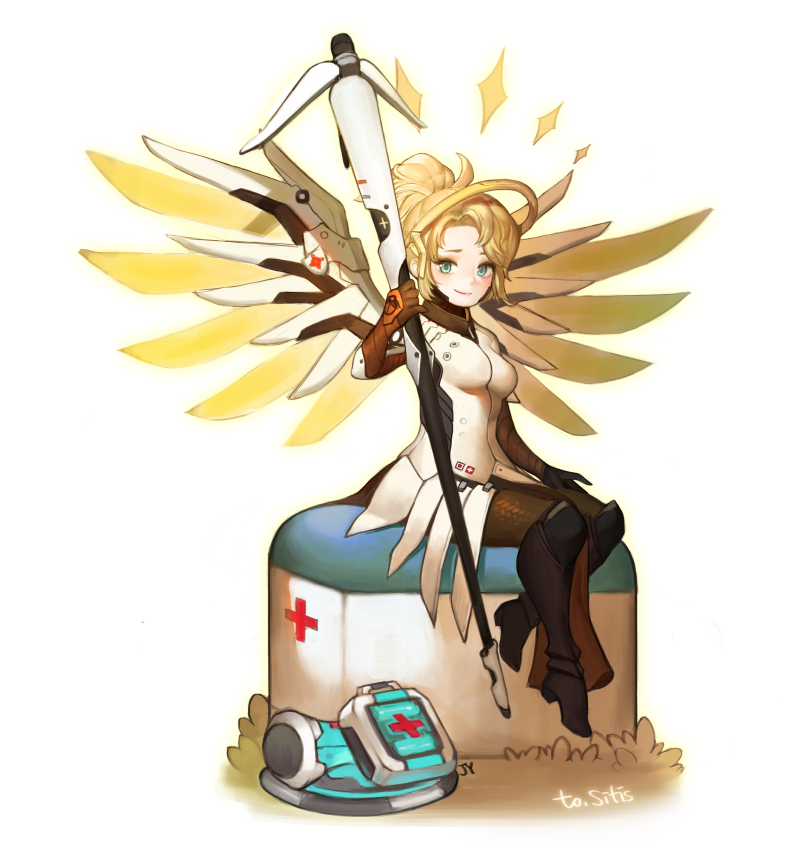 1girl annyeongbangawo blonde_hair blue_eyes bodysuit breasts brown_legwear faulds first_aid_kit full_body high_ponytail holding holding_staff looking_at_viewer mechanical_halo mechanical_wings medium_breasts mercy_(overwatch) overwatch pelvic_curtain simple_background sitting smile solo spread_wings staff swiss_flag white_background white_bodysuit wings yellow_wings