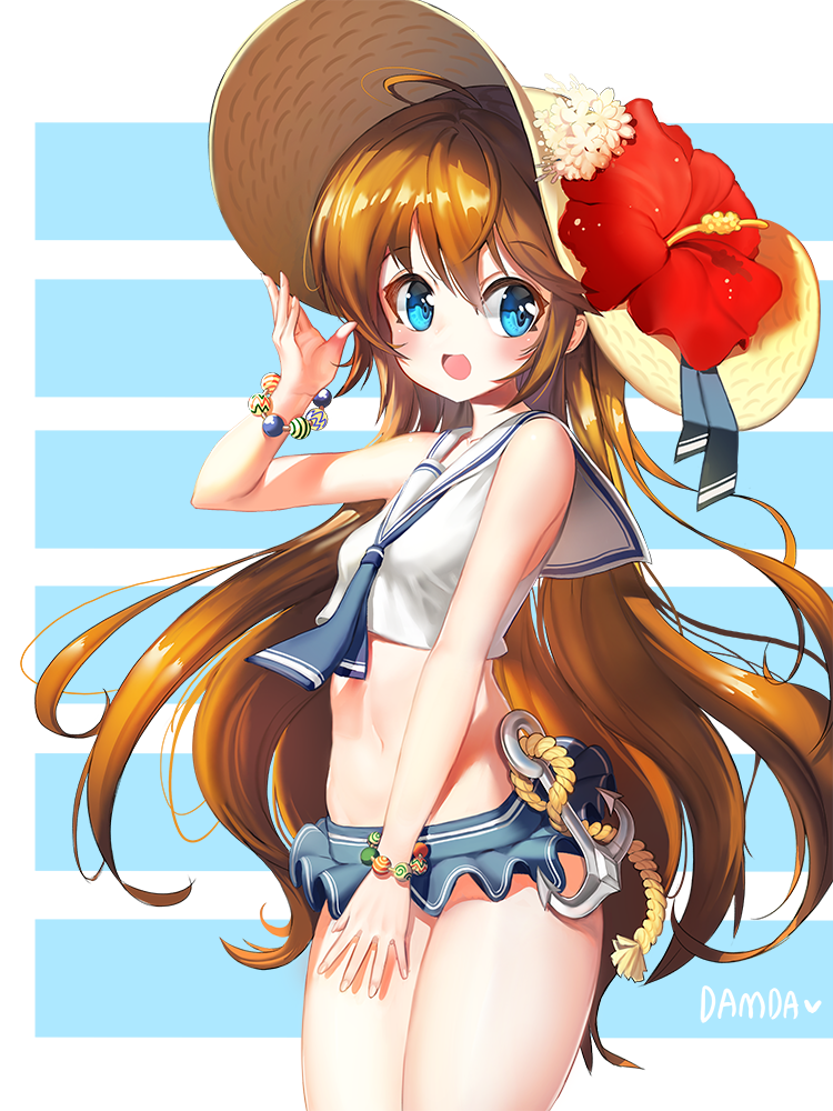 1girl :d ahoge anchor artist_name bangs bare_arms bare_shoulders bead_bracelet beads blue_eyes blue_neckerchief blue_ribbon blue_skirt bracelet breasts brown_hair collarbone cowboy_shot crop_top damda eyebrows_visible_through_hair fingernails flower hair_between_eyes hand_up hat hat_flower hat_ribbon hibiscus jewelry legs_together long_fingernails long_hair looking_at_viewer microskirt midriff navel neckerchief open_mouth original red_flower ribbon rope sailor_collar sailor_shirt shirt skirt sleeveless sleeveless_shirt small_breasts smile solo standing stomach sun_hat very_long_hair white_shirt