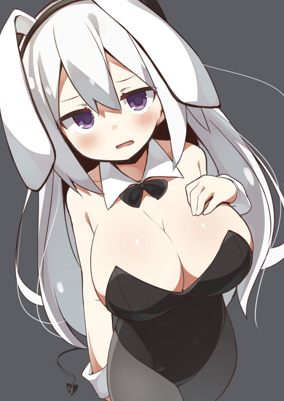 1girl abarabone animal_ears bare_shoulders blush bow bowtie breasts bunny_girl bunnysuit cleavage demon_tail detached_collar fake_animal_ears grey_background grey_legwear highres large_breasts leotard long_hair looking_at_viewer open_mouth original pantyhose rabbit_ears silver_hair solo tail violet_eyes wrist_cuffs