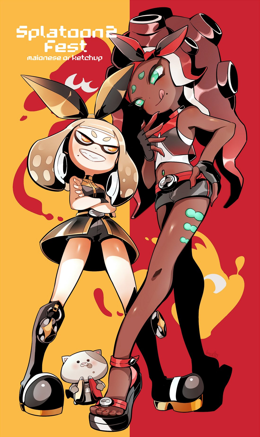 +_+ 2girls :d :p alternate_costume bare_shoulders belt blush boots brown_hair cat crossed_arms dark_skin domino_mask feet fingerless_gloves full_body gloves green_eyes hair_ribbon hand_on_hip high_heels highres hime_(splatoon) iida_(splatoon) keijou_(cave) ketchup legs licking_lips looking_at_another makeup mascara mask mayonaise midriff mole mole_under_mouth multiple_girls navel_piercing octarian open_mouth piercing ribbon short_shorts shorts sleeveless smile splatoon splatoon_2 symbol-shaped_pupils teeth tentacle_hair toenail_polish tongue tongue_out yellow_eyes