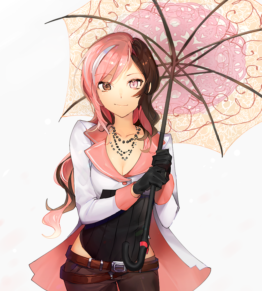 1girl bead_necklace beads belt black_gloves breasts brown_eyes brown_hair check_commentary cleavage commentary commentary_request gloves heterochromia jewelry multicolored_hair necklace neo_(rwby) parasol pink_eyes pink_hair rwby solo umbrella white_hair