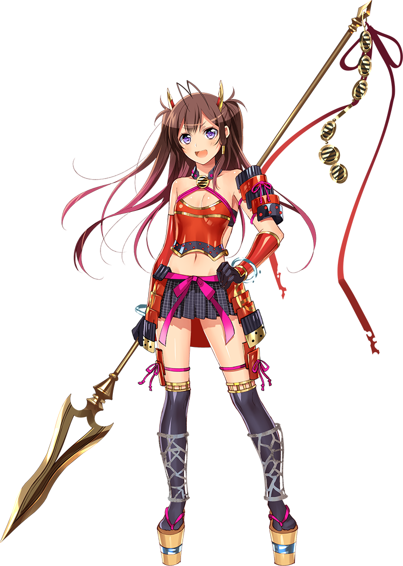 &gt;:d 1girl :d antenna_hair bare_shoulders brown_hair checkered checkered_skirt elbow_gloves flat_chest full_body gloves hand_on_hip holding holding_spear holding_weapon long_hair midriff murakami_yuichi navel official_art open_mouth oshiro_project oshiro_project_re pleated_skirt polearm sakuma_kanazawa_(oshiro_project) skirt smile spear thigh-highs transparent_background two_side_up violet_eyes weapon weapon_on_back