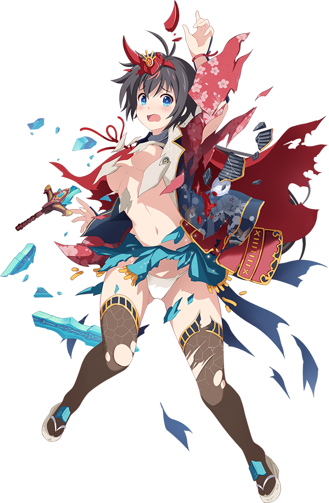1girl antenna_hair arm_up artist_request black_hair blue_eyes blue_skirt blush breasts broken broken_sword broken_weapon flower full_body hair_ornament holding holding_sword holding_weapon kiyosu_(oshiro_project) long_hair low-tied_long_hair multicolored_hair navel official_art open_mouth oshiro_project oshiro_project_re redhead skirt sword thigh-highs torn_clothes torn_skirt torn_thighhighs transparent_background two-tone_hair under_boob weapon