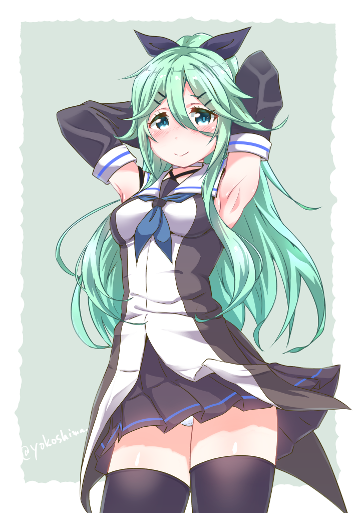 1girl armpits arms_behind_head black_legwear black_serafuku blush detached_sleeves green_eyes green_hair hair_between_eyes hair_ornament hair_ribbon hairclip kantai_collection long_hair looking_at_viewer panties pantyshot pantyshot_(standing) pleated_skirt ribbon school_uniform serafuku skirt smile solo standing thigh-highs underwear white_panties yamakaze_(kantai_collection) yokoshima_(euphoria) zettai_ryouiki