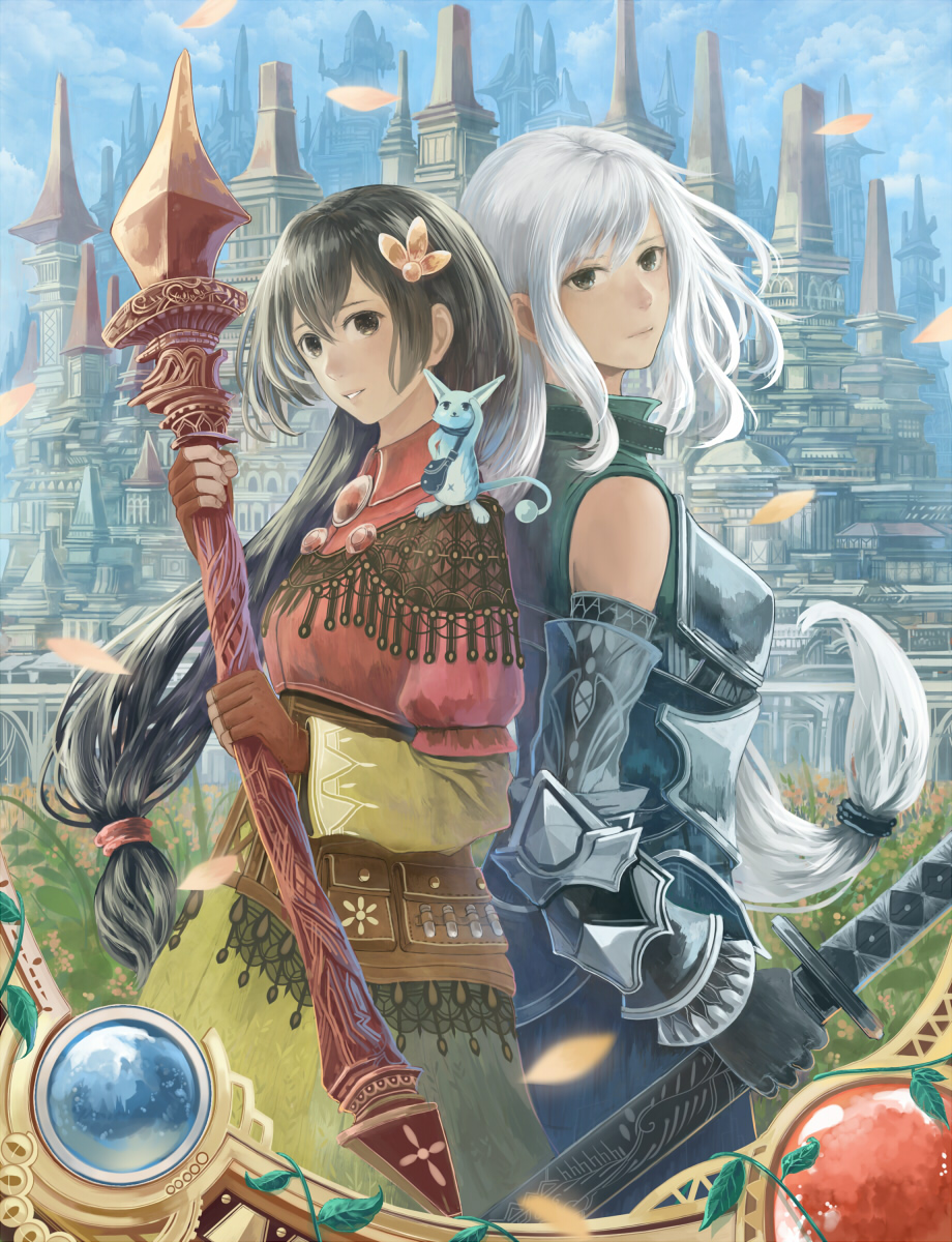 2girls animal animal_in_clothes animal_on_shoulder armor back-to-back bangs black_gloves black_hair blue_sky breasts brown_gloves city closed_mouth clouds cloudy_sky commentary_request day detached_sleeves fantasy fingerless_gloves frame gloves hair_ornament highres holding holding_staff holding_sword holding_weapon katana large_breasts long_hair long_sleeves looking_at_viewer low_ponytail medium_breasts multiple_girls original parted_lips sakimori_(hououbds) sheath sheathed sky smile staff sword upper_body very_long_hair weapon white_hair