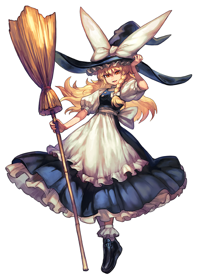 1girl apron bamboo_broom black_shoes blonde_hair bobby_socks bow braid broom commentary_request fang frilled_apron frilled_legwear frills full_body hair_bow hand_on_headwear hat hat_bow holding holding_broom kirisame_marisa lack long_hair long_skirt looking_at_viewer open_mouth orange_eyes petticoat puffy_short_sleeves puffy_sleeves shoes short_sleeves side_braid simple_background single_braid skirt skirt_set smile socks solo touhou waist_apron white_background white_bow white_legwear witch_hat