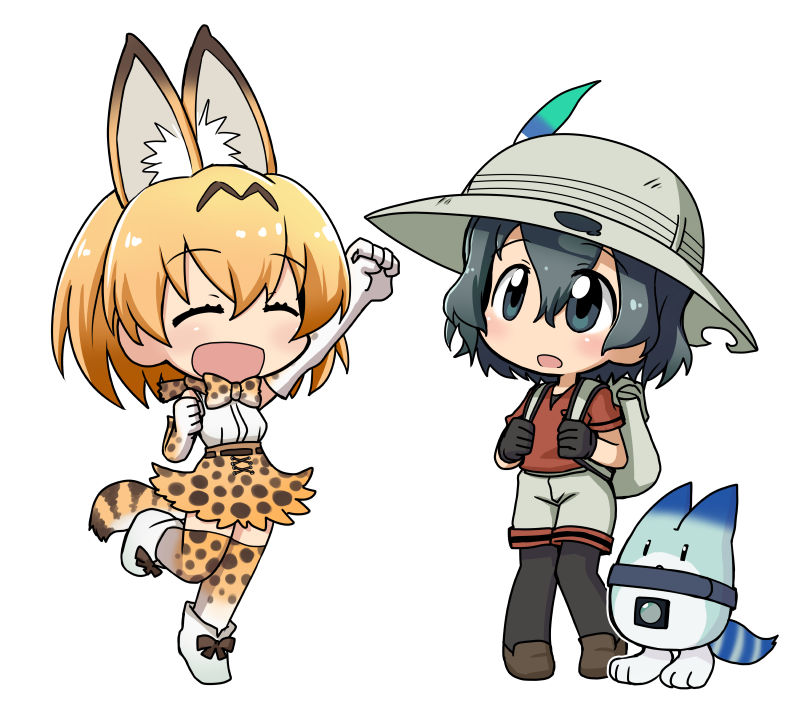 2girls :d :o animal_ears arm_up backpack bag black_eyes black_gloves black_hair blonde_hair bow bowtie bucket_hat chibi clenched_hands closed_eyes elbow_gloves eyebrows_visible_through_hair full_body gloves hair_between_eyes hand_up happy hat hat_feather high-waist_skirt ikkyuu kaban_(kemono_friends) kemono_friends knees_together_feet_apart looking_at_another looking_up lucky_beast_(kemono_friends) multiple_girls open_mouth outstretched_arm pantyhose pantyhose_under_shorts red_shirt serval_(kemono_friends) serval_ears serval_print serval_tail shirt short_hair short_sleeves shorts simple_background skirt sleeveless sleeveless_shirt smile standing standing_on_one_leg striped_tail tail thigh-highs wavy_hair white_background zettai_ryouiki