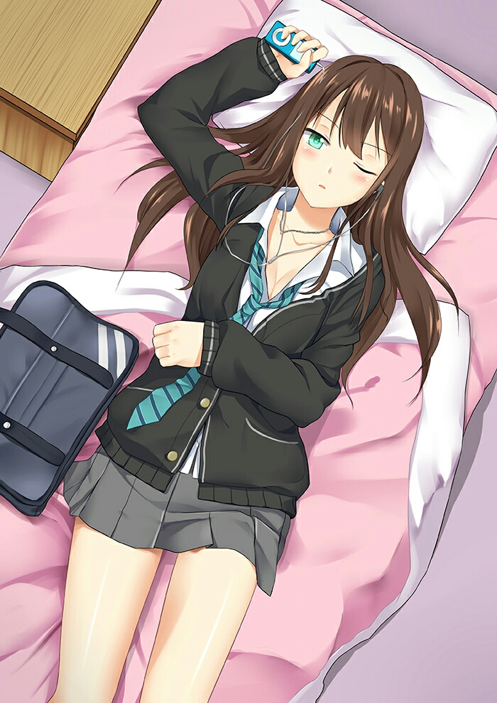 10s blush breasts brown_hair cleavage green_eyes idolmaster idolmaster_cinderella_girls jacket long_hair lying one_eye_closed school_uniform shibuya_rin shirt skirt tsuyohina