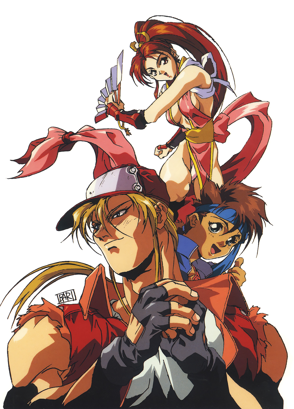 1girl 2boys 90s black_gloves blonde_hair blue_eyes breasts brown_hair cracking_knuckles fan fatal_fury fingerless_gloves gloves hat headband high_ponytail highres holding holding_fan long_hair looking_at_viewer medium_breasts multiple_boys official_art oobari_masami open_mouth pelvic_curtain shiranui_mai simple_background snk terry_bogard the_king_of_fighters thumbs_up white_background