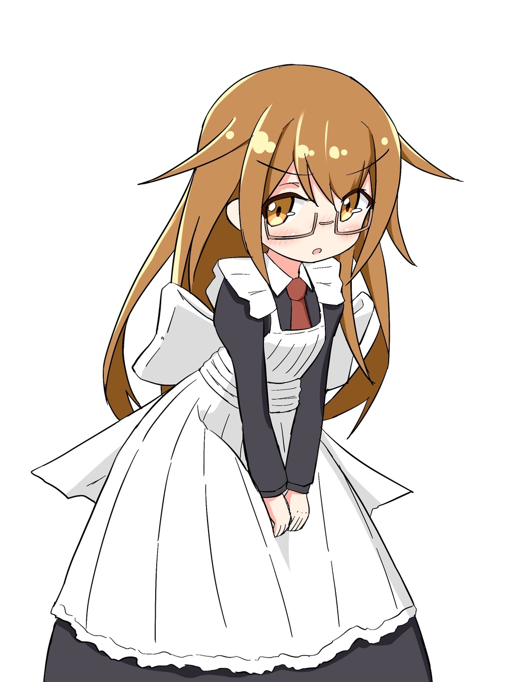 &gt;:o 1girl :o alternate_costume apron blush brown_eyes brown_hair commentary_request enmaided eyebrows_visible_through_hair female glasses highres ichi kantai_collection long_hair long_sleeves maid maid_apron mochizuki_(kantai_collection) necktie semi-rimless_glasses simple_background solo under-rim_glasses v_arms white_background