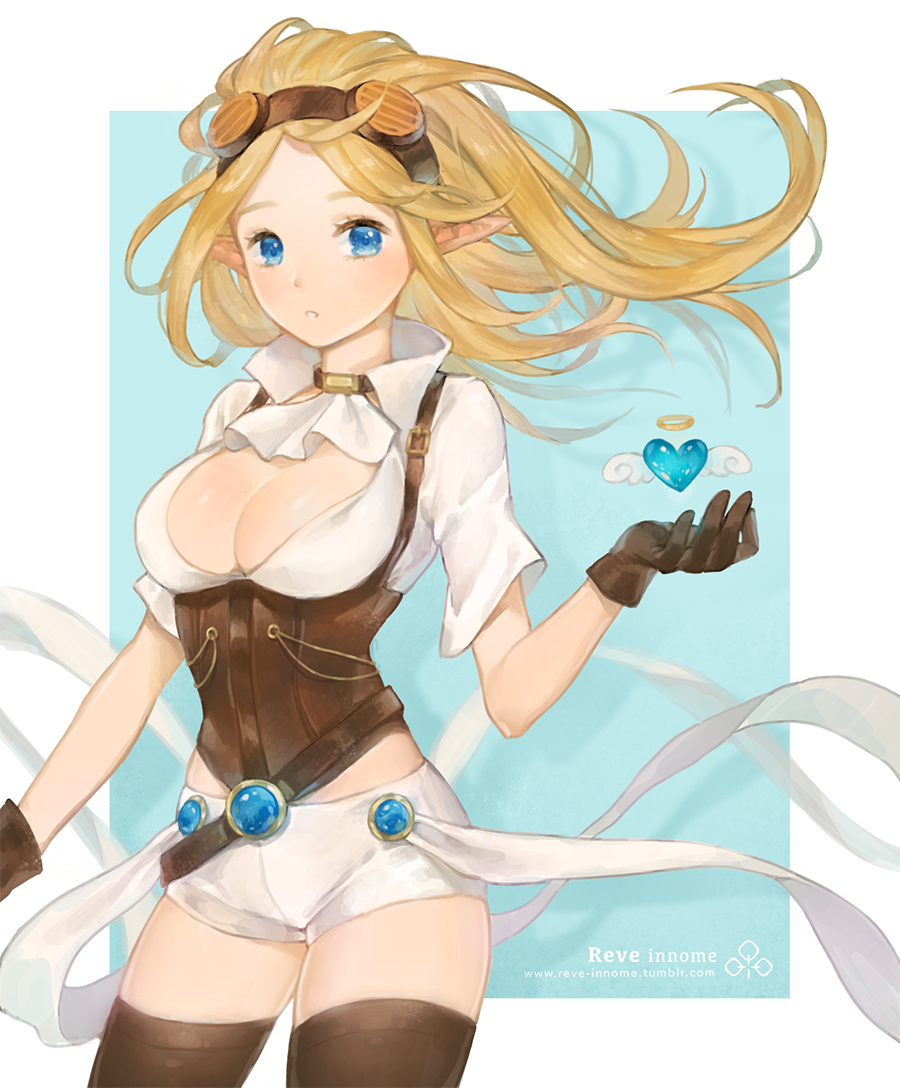 1girl alternate_costume anshu_(o9jucea) arm_at_side ascot bangs belt blonde_hair blue_eyes breasts brown_choker brown_gloves brown_legwear choker cleavage commentary_request corset cowboy_shot eyelashes gem gloves goggles goggles_on_head hand_up heart hextech_janna janna_windforce league_of_legends long_hair looking_at_viewer medium_breasts no_bra open_clothes open_shirt parted_bangs parted_lips pointy_ears shirt short_shorts short_sleeves shorts solo standing teeth thigh-highs tumblr_username white_ascot white_shirt white_shorts