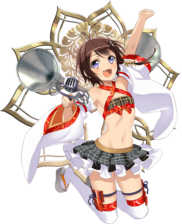 1girl :d antenna_hair breasts brown_hair checkered checkered_skirt detached_sleeves fang flat_chest frilled_skirt frills full_body hair_ornament hairclip holding holding_microphone horns jumping microphone midriff murakami_yuichi navel official_art open_mouth oshiro_project oshiro_project_re oyama_gobou_(oshiro_project) skirt smile