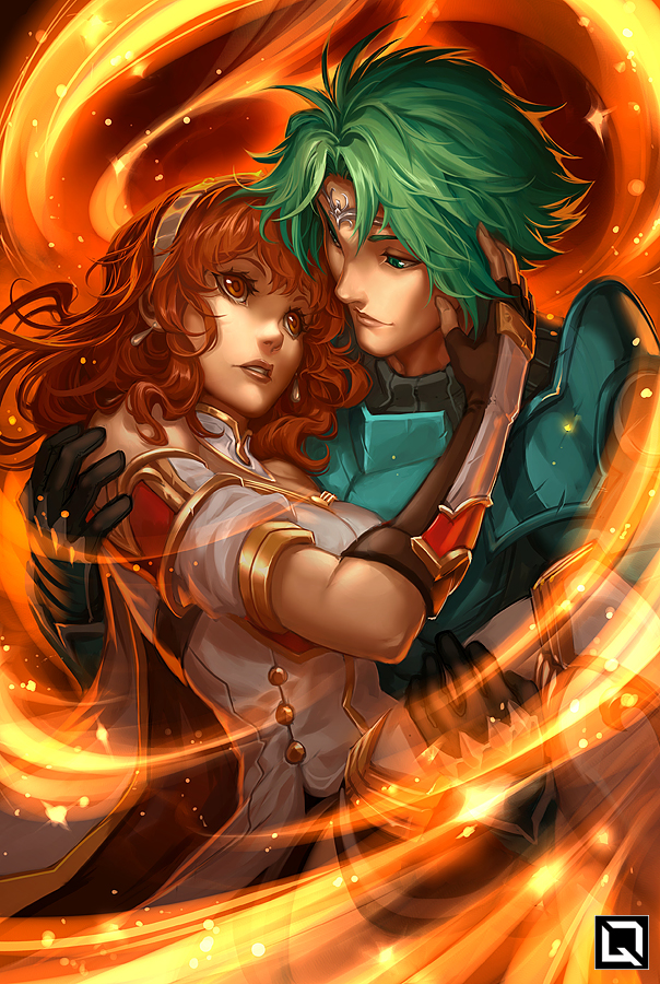 1boy 1girl alm_(fire_emblem) armor cape carrying celica_(fire_emblem) fire fire_emblem fire_emblem_echoes:_mou_hitori_no_eiyuuou gloves green_eyes green_hair headband kuroi-tsuki long_hair looking_at_another princess_carry red_eyes redhead smile tiara