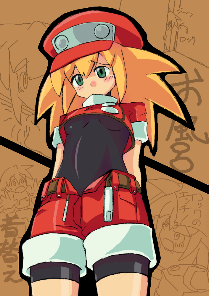 1girl bike_shorts blonde_hair gloves green_eyes hat long_hair open_mouth red_shorts rock_volnutt rockman rockman_dash roll_caskett shorts smile