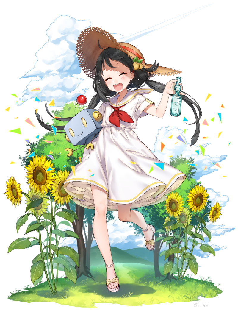 1girl :3 akino_teku black_hair bottle closed_eyes clouds day dress flower food_themed_hair_ornament grass hair_blowing hair_ornament hat low_twintails mountain neckerchief open_mouth outdoors pasona_tech peach_hair_ornament ramune red_neckerchief sandals shadow shirako_miso short_hair short_sleeves smile solo straw_hat summer sunflower tree twintails white_dress wind