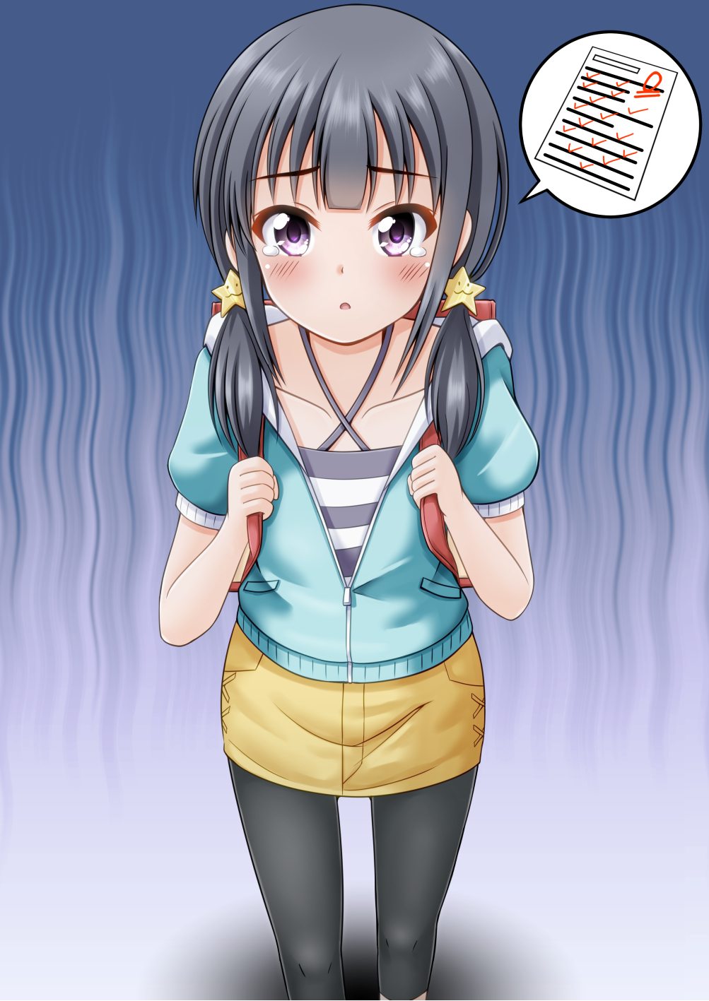 1girl :o aho_girl akutsu_ruri backpack bag bangs black_hair black_legwear blush brown_skirt collarbone commentary_request eyebrows_visible_through_hair hair_ornament hair_over_shoulder halter_top halterneck highres holding hood hood_down hooded_jacket jacket long_hair looking_at_viewer open_clothes open_jacket pantyhose parted_lips partially_unzipped pocket randoseru regular_mow shirt short_sleeves skirt solo spoken_object standing star star_hair_ornament striped striped_shirt tears test twintails violet_eyes zipper