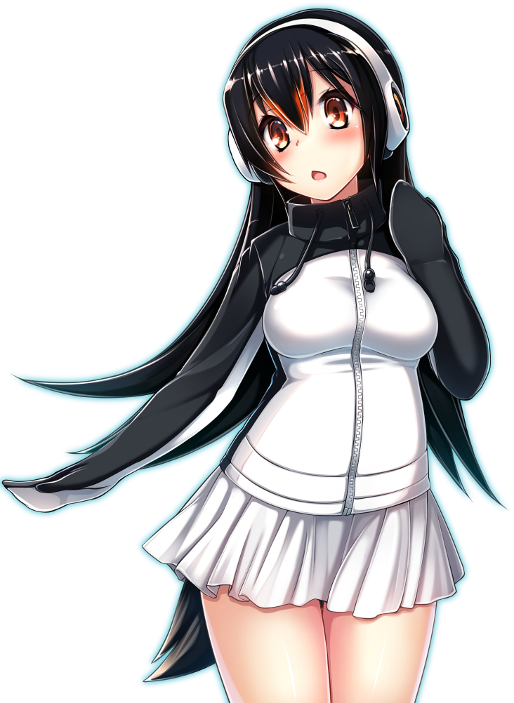 1girl black_hair brown_eyes chestnut_mouth commentary_request fuuki_(te_fuukin) gentoo_penguin_(kemono_friends) headphones jacket kemono_friends long_hair looking_at_viewer simple_background solo tail white_background
