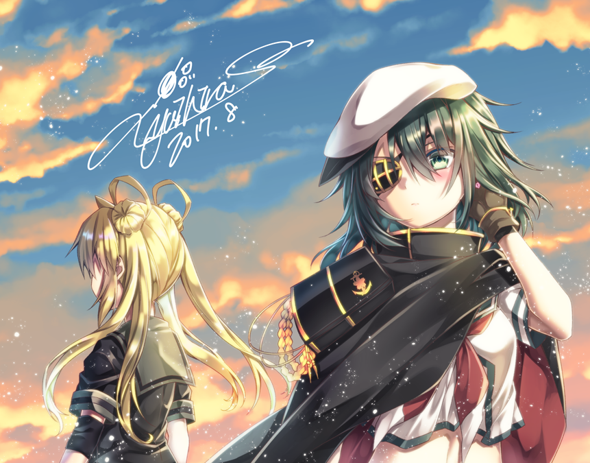 2girls abukuma_(kantai_collection) ammunition_belt back beret black_serafuku blonde_hair brown_gloves cape double_bun earrings eyepatch gloves green_eyes green_hair hat heart heart_earrings jewelry kantai_collection kiso_(kantai_collection) long_hair midriff miniskirt multiple_girls neckerchief pauldrons red_neckerchief remodel_(kantai_collection) rigging school_uniform serafuku short_hair short_sleeves skirt smile twintails white_skirt yuihira_asu