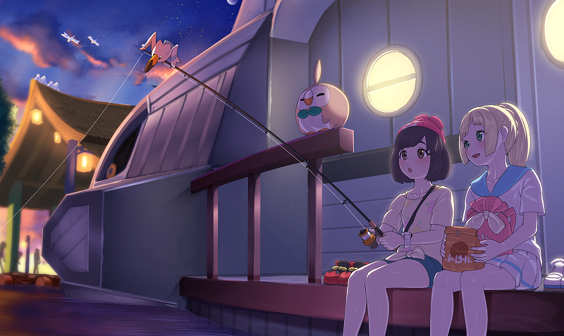 2girls bangs bare_legs beanie black_hair blonde_hair blue_eyes blunt_bangs blush braid fishing_rod floral_print french_braid green_eyes green_shorts hat high_ponytail holding holding_fishing_rod hood lillie_(pokemon) long_hair miniskirt mizuki_(pokemon_sm) multiple_girls notori_d pleated_skirt pokemon pokemon_(creature) pokemon_(game) pokemon_sm red_hat rowlet shirt shoes shoes_removed short_hair short_shorts short_sleeves shorts skirt sneakers sunset swept_bangs t-shirt tied_shirt white_shirt white_shoes white_skirt wingull z-ring