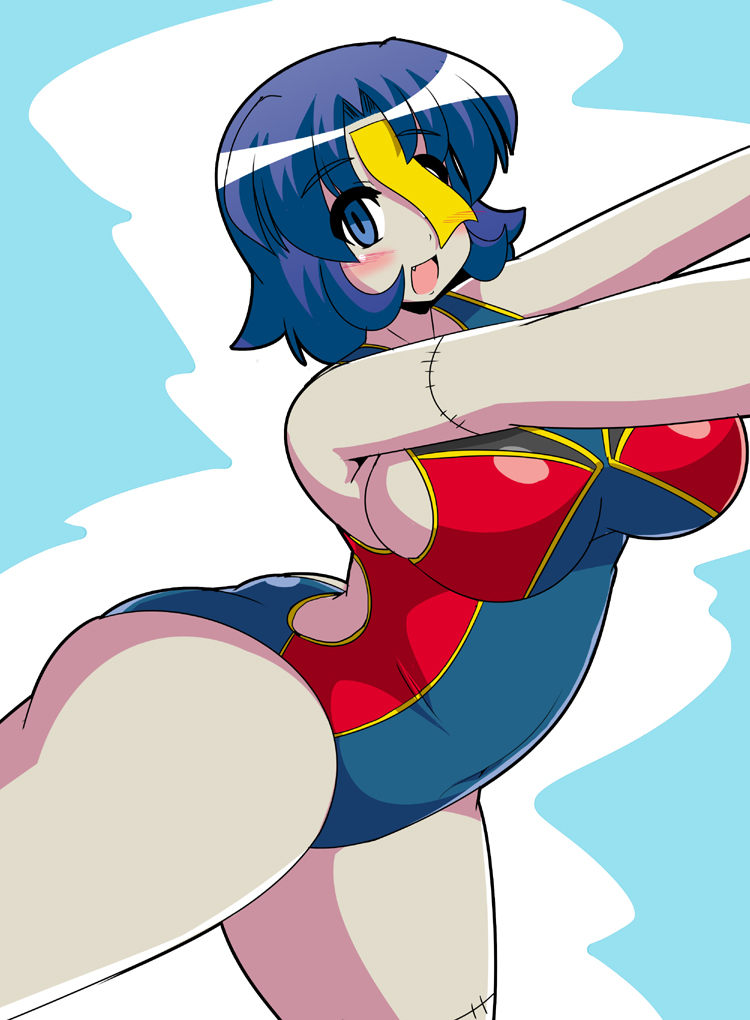 1girl :d akasode_(tyaramu) ass blue_eyes blue_hair blush breasts competition_swimsuit covered_navel empty_eyes fang large_breasts looking_at_viewer miyako_yoshika ofuda one-piece_swimsuit open_mouth pale_skin plump short_hair smile solo stitches swimsuit thick_thighs thighs touhou zombie