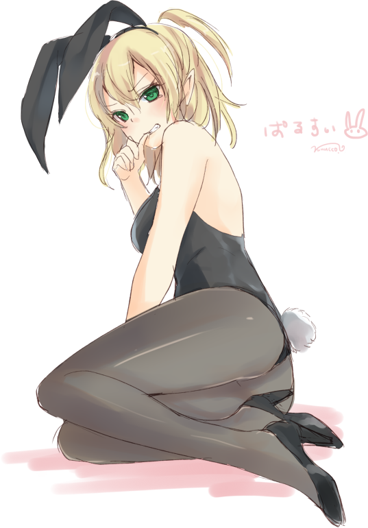 1girl animal_ears bare_arms bare_shoulders biting_finger black_legwear black_shoes blonde_hair breasts bunny_tail bunnysuit fake_animal_ears full_body green_eyes hairband high_heels medium_breasts mizuhashi_parsee nunucco pantyhose pointy_ears rabbit_ears shoes sitting sketch solo tail touhou