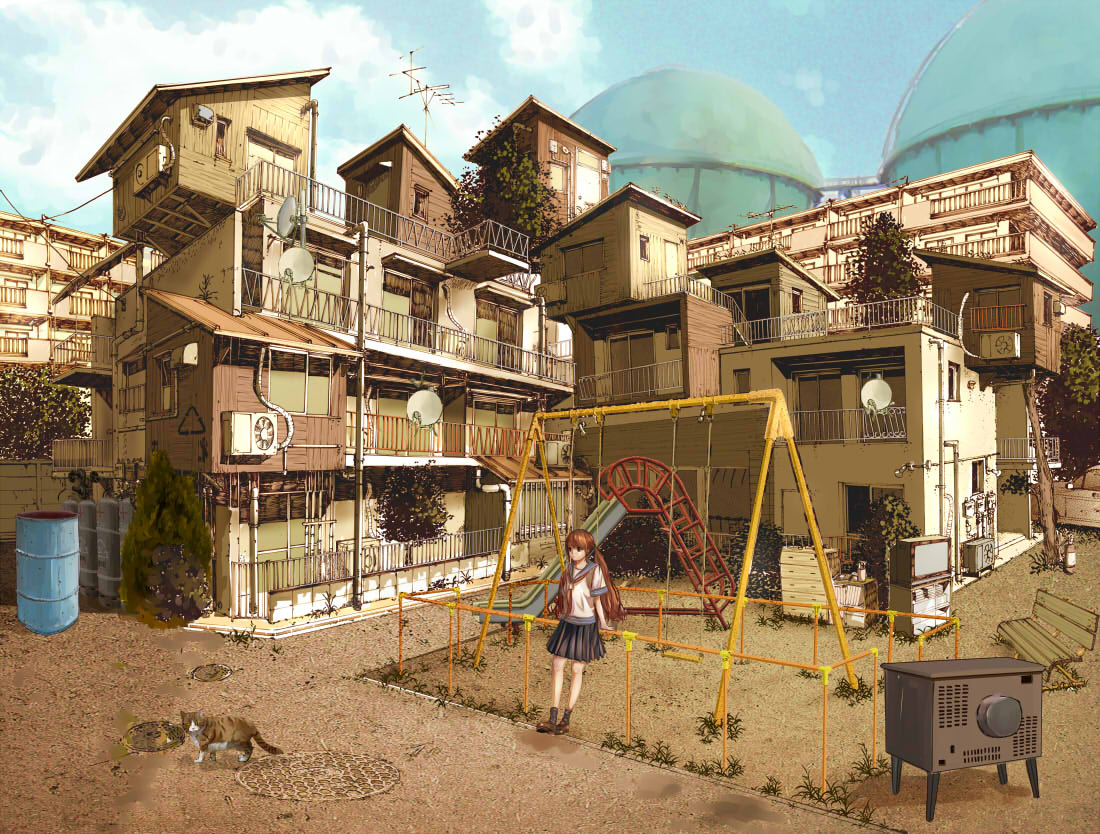 1girl aerial air_conditioner apartment bench black_legwear blue_sky building cat chest_of_drawers clouds day drum_(container) grass hand_rest katou_fumitaka leaning_against_railing long_hair looking_to_the_side manhole_cover neckerchief original outdoors pleated_skirt ponytail railing redhead satellite_dish school_uniform serafuku shoes_removed short_sleeves skirt sky slide slums solo standing swing_set television tree