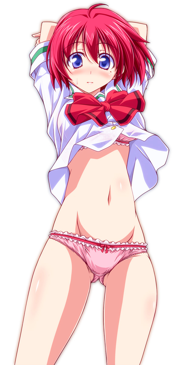 1girl arms_behind_back bangs blouse blue_eyes blush bow bow_panties bra closed_mouth collared_blouse cowboy_shot crotch_seam eyebrows_visible_through_hair frilled_bra frilled_panties frills hibikino_high_school_uniform highres hinomoto_hikari kikuchi_tsutomu lace lace-trimmed_panties looking_at_viewer mole mole_under_eye navel no_pants panties pink_bra pink_panties red_bow redhead school_uniform short_hair short_sleeves simple_background solo standing sweatdrop tokimeki_memorial tokimeki_memorial_2 underwear upshirt white_background white_blouse