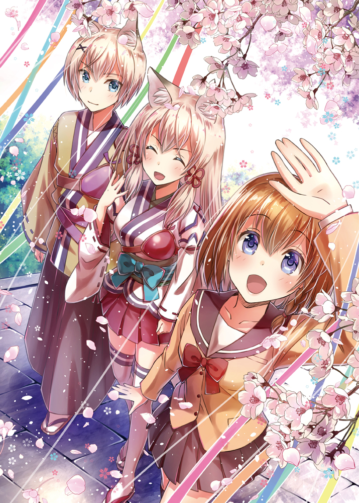 3girls animal_ears arm_up black_skirt blonde_hair blue_eyes blush bow breasts brown_hair collarbone cover cover_page doujinshi flower fox_ears hair_ornament large_breasts long_hair looking_at_viewer multiple_girls open_mouth original red_bow riolabo sandals skirt smile thigh-highs white_legwear x_hair_ornament