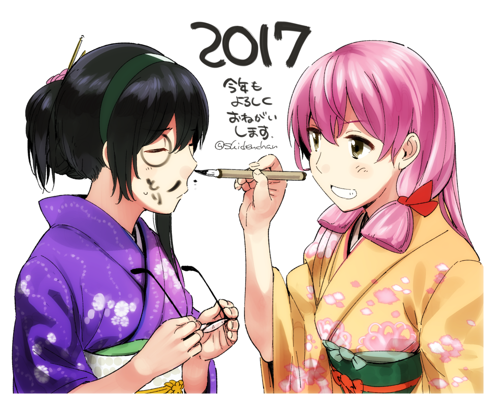 2017 2girls akashi_(kantai_collection) black_hair closed_eyes facepaint glasses glasses_removed hanetsuki holding holding_glasses japanese_clothes kantai_collection kotoyoro multiple_girls new_year ooyodo_(kantai_collection) paintbrush pink_hair shiden-raiden signature simple_background translated twitter_username white_background