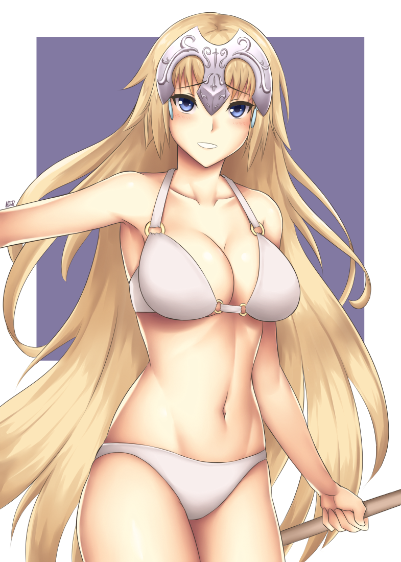 1girl arciealbano bikini blonde_hair blue_eyes blush breasts fate/apocrypha fate/grand_order fate_(series) grin headpiece large_breasts long_hair looking_at_viewer navel ruler_(fate/apocrypha) smile solo swimsuit very_long_hair white_bikini