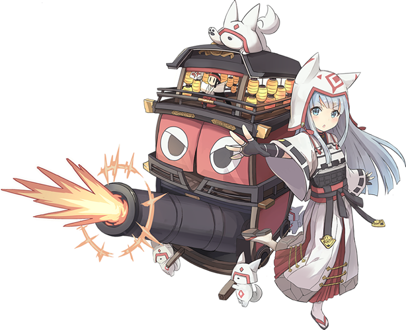 1girl animal_ears armor armored_dress black_gloves cannon dog_ears dress fang fingerless_gloves firing gloves grey_eyes hat hat_with_ears inuyama_(oshiro_project) long_hair looking_at_viewer nanashina official_art open_mouth oshiro_project silver_hair smile