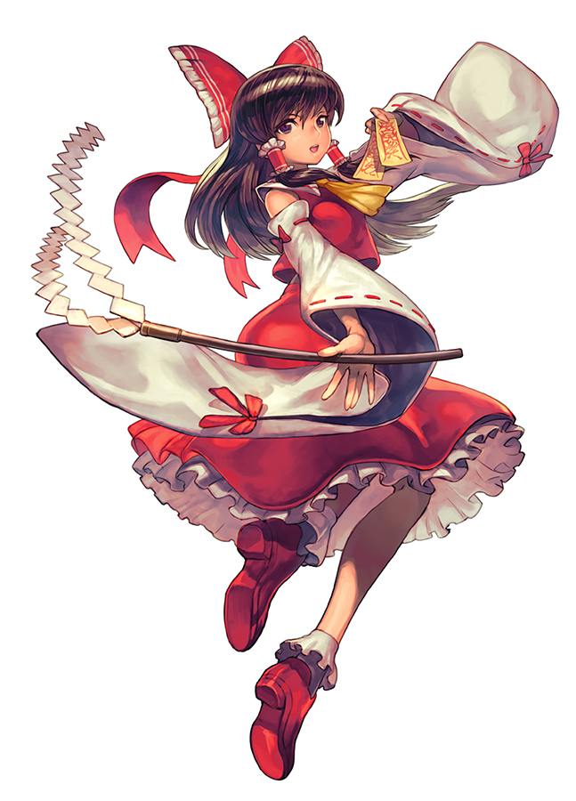 1girl ascot bobby_socks bow brown_eyes brown_hair commentary_request detached_sleeves from_side full_body gohei hair_bow hair_tubes hakurei_reimu hand_up holding lack long_hair looking_at_viewer ofuda open_mouth petticoat red_shoes red_skirt ribbon-trimmed_sleeves ribbon_trim shoes simple_background skirt skirt_set smile socks solo touhou white_background white_legwear wide_sleeves