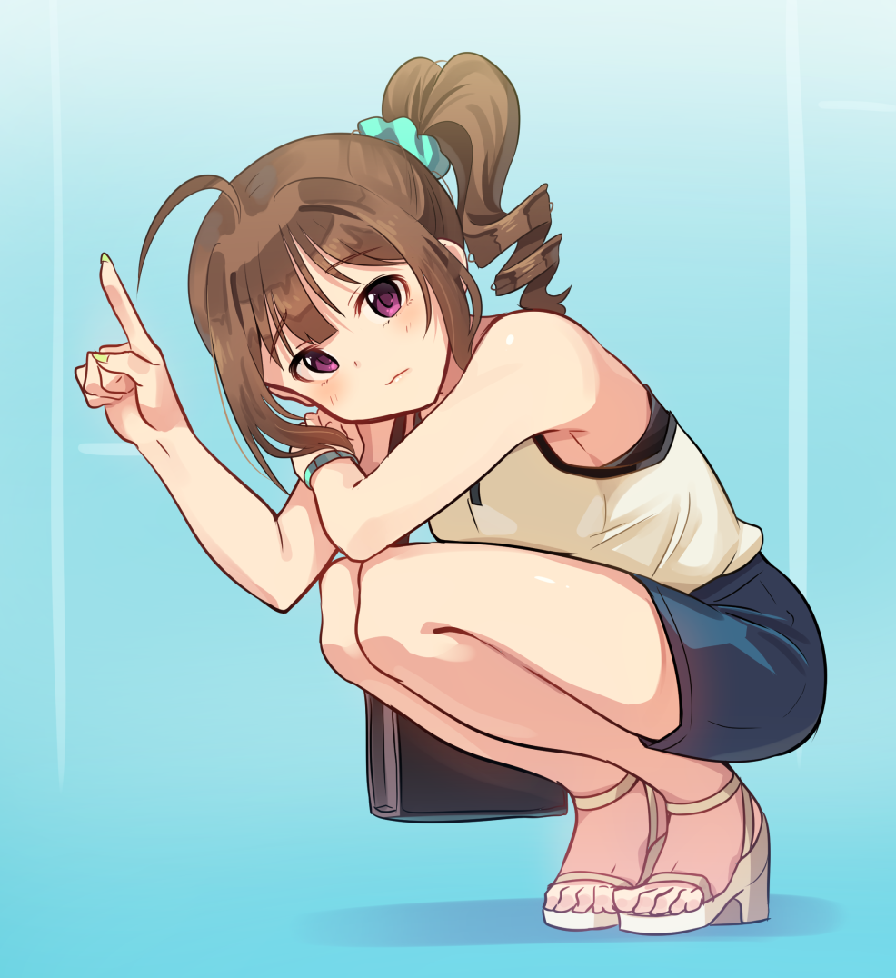 1girl ahoge bag blush brown_hair closed_mouth drill_hair eyebrows_visible_through_hair handbag high_heels idolmaster idolmaster_million_live! index_finger_raised kamille_(vcx68) looking_at_viewer nail_polish short_hair solo squatting violet_eyes yellow_nails yokoyama_nao