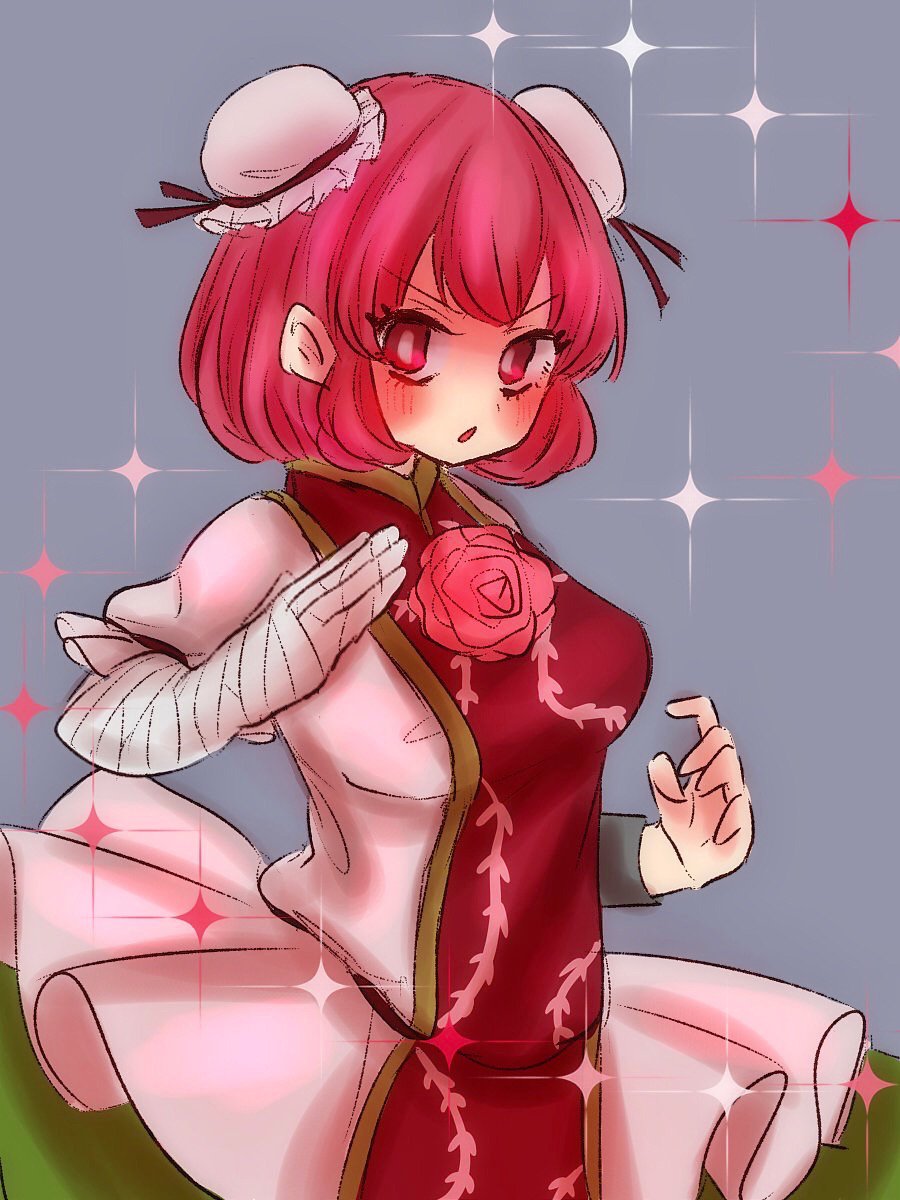 &gt;:o :o bandage bandaged_arm blush bun_cover cuffs dress flower fukufukupine highres ibaraki_kasen pink_eyes pink_hair rose short_hair short_sleeves sparkle tabard thorn_print touhou