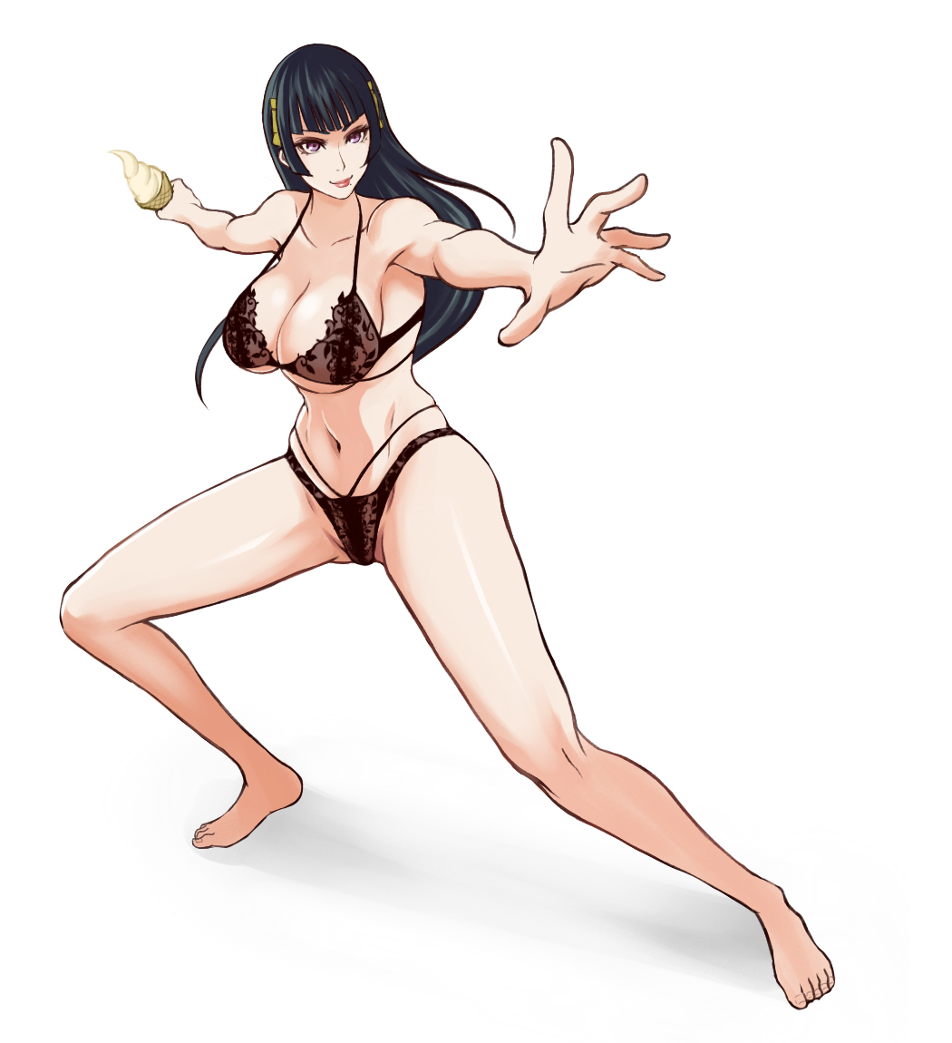 &gt;:) 1girl armpits black_bra black_hair black_panties bra breasts cleavage closed_mouth collarbone dead_or_alive dead_or_alive_5 fighting_stance food foreshortening full_body hair_ornament halter_top halterneck hime_cut ice_cream large_breasts long_hair looking_at_viewer mole mole_under_mouth navel nyotengu panties shibusun smile solo standing stomach under_boob underwear underwear_only violet_eyes