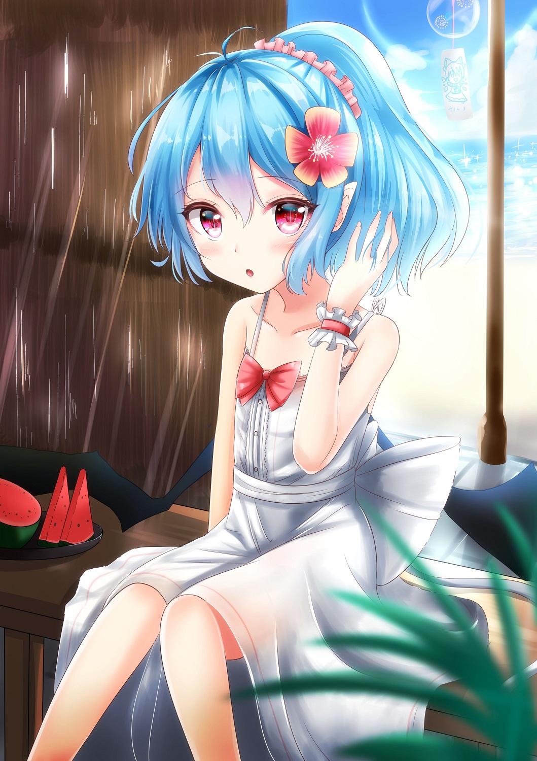 1girl :o ahoge alternate_costume alternate_hairstyle bare_arms bare_shoulders bat_wings beach bench blue_hair blurry bow cirno collarbone depth_of_field dress flower food fruit glint hair_flower hair_ornament hair_scrunchie hand_in_hair highres knees_together lens_flare looking_at_viewer ocean pointy_ears ponytail post red_bow red_eyes remilia_scarlet renka_(cloudsaikou) sash scrunchie short_hair sitting sitting_on_bench solo summer sundress touhou watermelon wind_chime wings wrist_cuffs