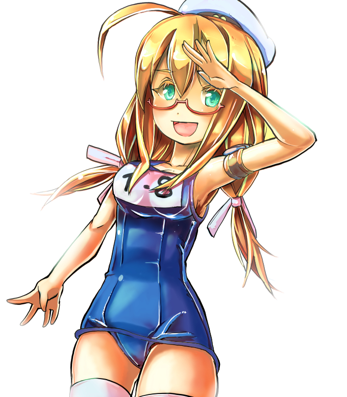 ahoge blonde_hair breasts glasses green_eyes hat i-8_(kantai_collection) kantai_collection low_twintails peaked_cap salute school_swimsuit simple_background smile swimsuit thigh-highs twintails