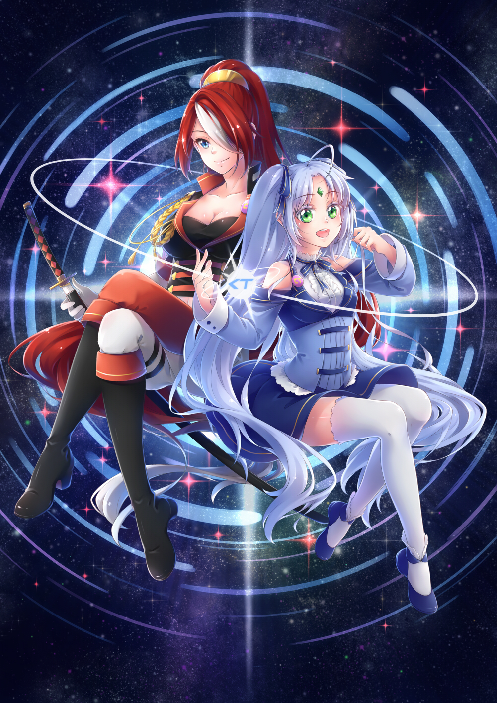 2girls ahoge black_boots blue_eyes blue_skirt blush boots catbell413 closed_mouth eyebrows_visible_through_hair gloves green_eyes hair_over_one_eye high_heel_boots high_heels highres holding holding_sword holding_weapon knee_boots legs_crossed long_hair looking_at_viewer multiple_girls open_mouth original ponytail redhead skirt smile sword thigh-highs weapon white_gloves white_hair white_legwear