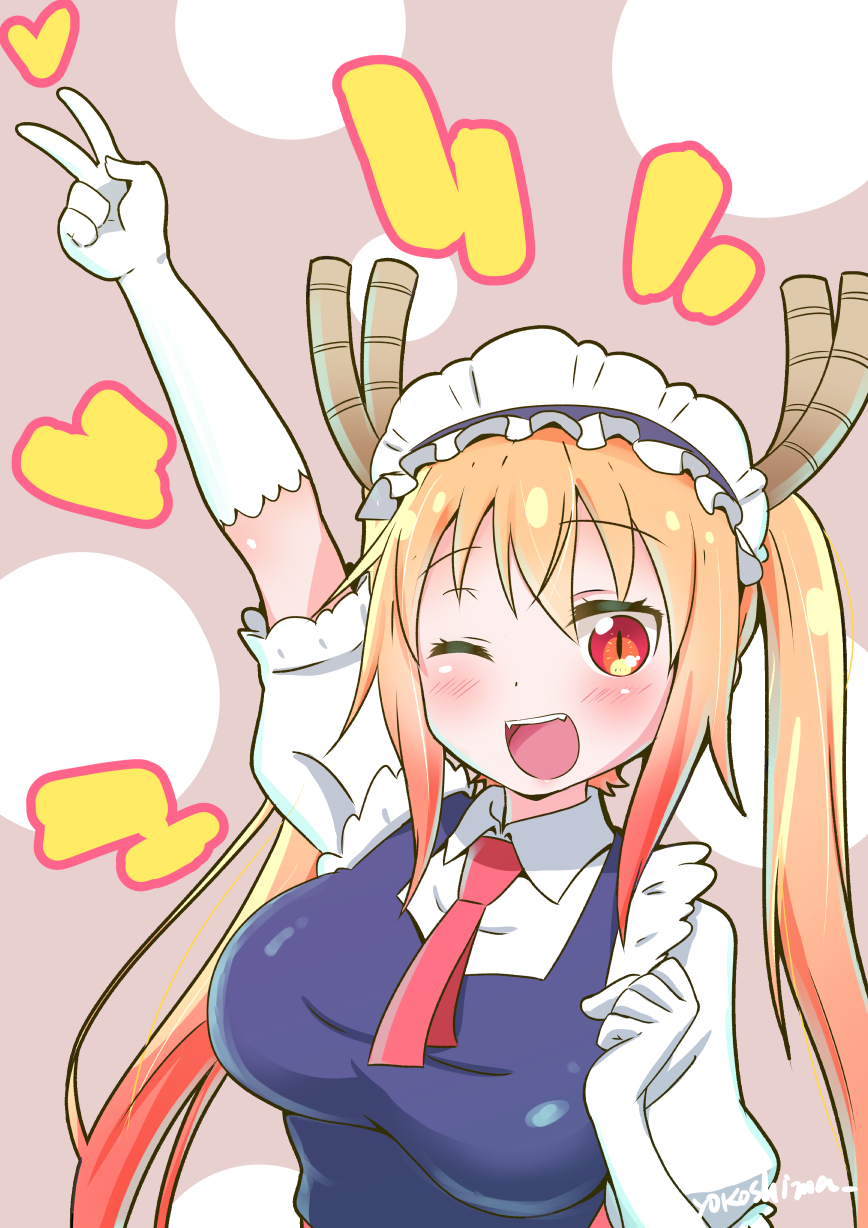 1girl ;d blonde_hair commentary_request dragon_girl dragon_horns elbow_gloves female gloves highres horns kobayashi-san_chi_no_maidragon long_hair looking_at_viewer maid maid_headdress one_eye_closed open_mouth orange_eyes slit_pupils smile solo tooru_(maidragon) twintails v white_gloves yokoshima_(euphoria)