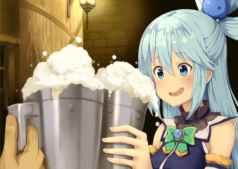 1girl alcohol ame. aqua_(konosuba) bare_shoulders beer blue_eyes blue_hair breasts commentary cup detached_sleeves hair_ornament hair_rings holding holding_cup indoors kono_subarashii_sekai_ni_shukufuku_wo! long_hair medium_breasts open_mouth smile solo_focus very_long_hair