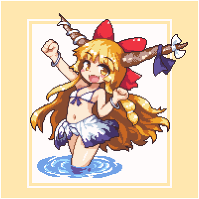 1girl bangs bikini blonde_hair blue_ribbon bow bracelet eyebrows_visible_through_hair flat_chest front-tie_bikini front-tie_top hair_bow halter_top halterneck horn_bow horn_ribbon horns ibuki_suika jewelry kumamoto_(bbtonhk2) long_hair looking_at_viewer lowres navel open_mouth outstretched_arm pixel_art red_bow ribbon smile solo swimsuit touhou very_long_hair wading water white_bikini white_bow yellow_eyes