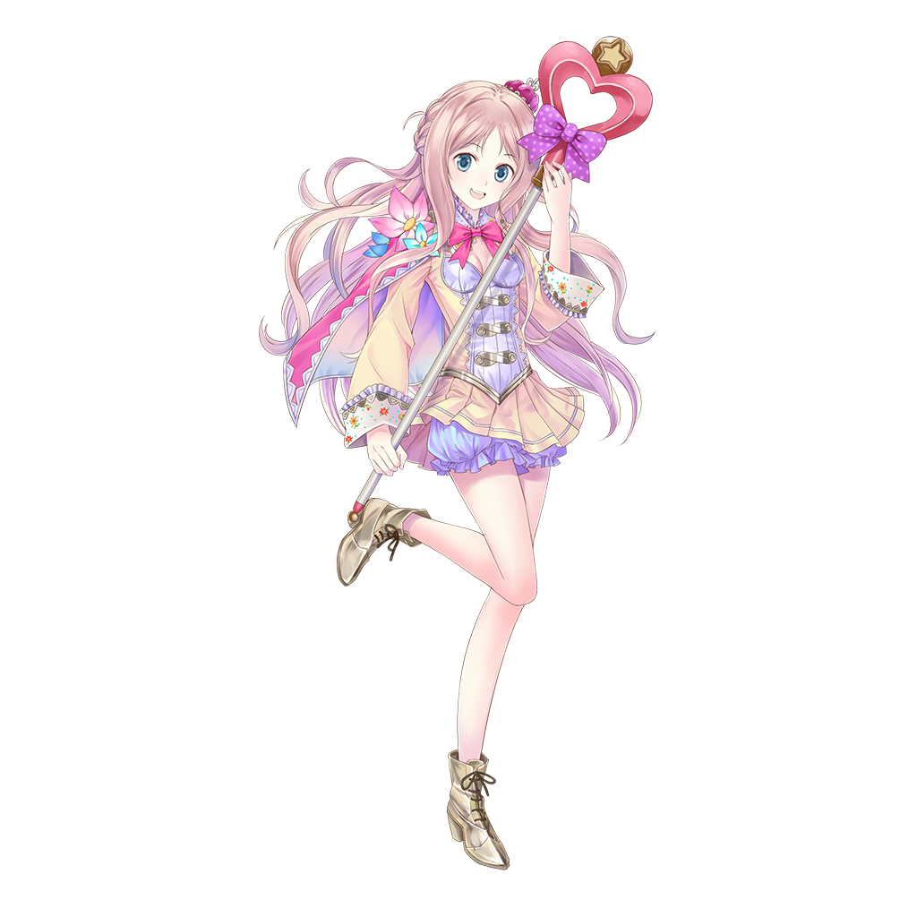 1girl ankle_boots atelier_(series) atelier_meruru bangs blue_eyes boots breasts cape commentary_request crown detached_sleeves dress eyebrows_visible_through_hair floral_print frills full_body kishida_mel medium_breasts merurulince_rede_arls one_leg_raised open_mouth pink_hair ribbon short_dress skirt smile solo staff transparent_background white_bloomers yellow_skirt