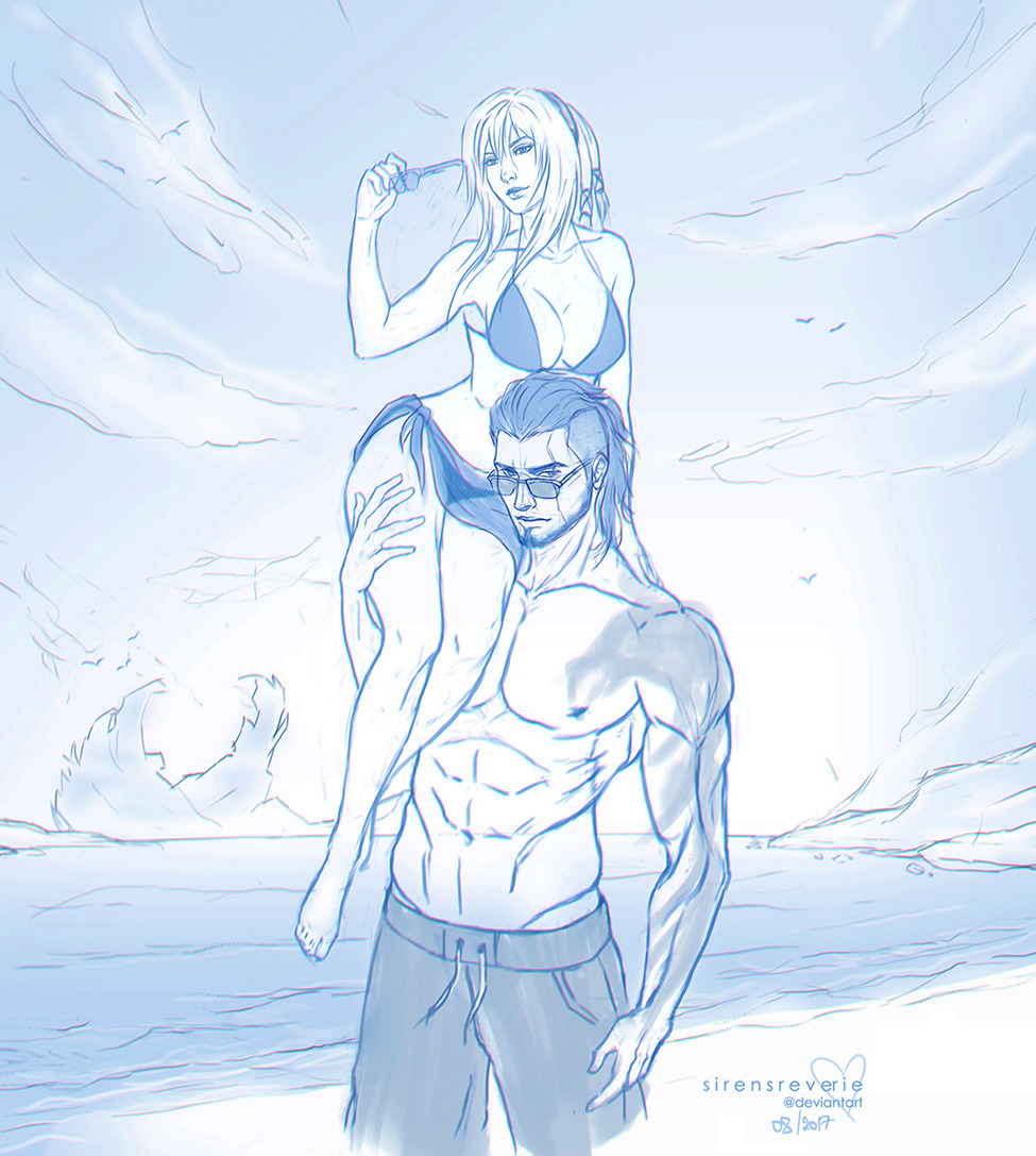 1boy 1girl aranea_highwind beach bikini carrying_over_shoulder final_fantasy final_fantasy_xv gladiolus_amicitia image_sample monochrome mullet sunglasses swimsuit tumblr_sample