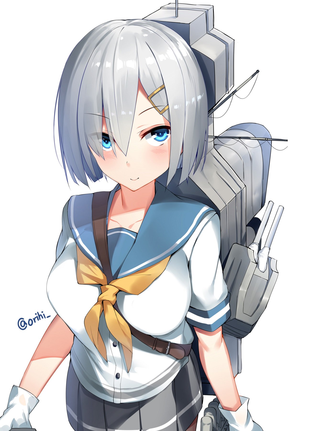 1girl blue_eyes blush breasts eyebrows_visible_through_hair eyes_visible_through_hair gloves grey_skirt hair_between_eyes hair_ornament hair_over_one_eye hairclip hamakaze_(kantai_collection) highres kantai_collection large_breasts looking_at_viewer orihi_chihiro pleated_skirt rigging shiny shiny_hair short_hair short_sleeves silver_hair simple_background skirt smile smokestack solo striped striped_skirt turret twitter_username white_background white_gloves