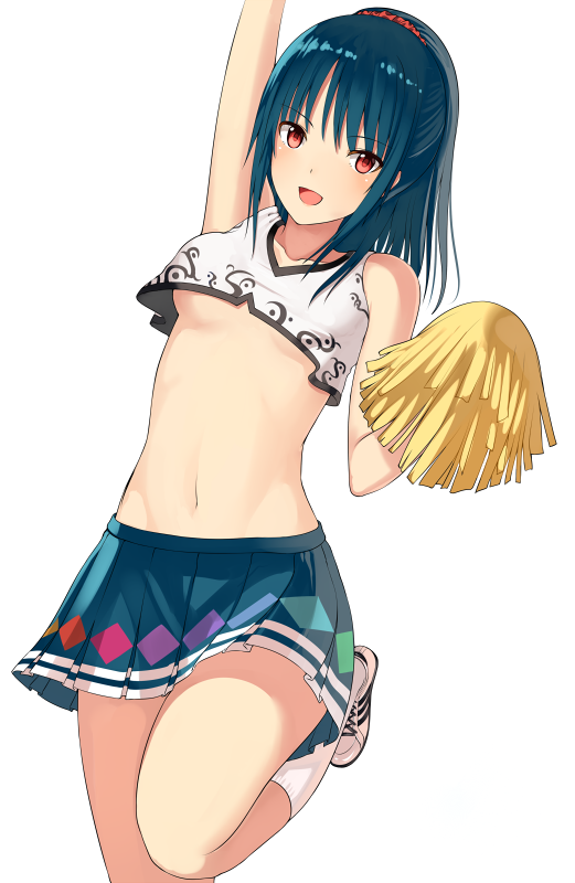 1girl adapted_costume arm_up bare_legs blue_hair blue_skirt breasts cheerleader crop_top hair_ornament hinanawi_tenshi kureha_(ironika) looking_at_viewer medium_breasts miniskirt navel pleated_skirt pom_poms ponytail red_eyes simple_background skirt smile socks solo stomach touhou under_boob white_background white_legwear