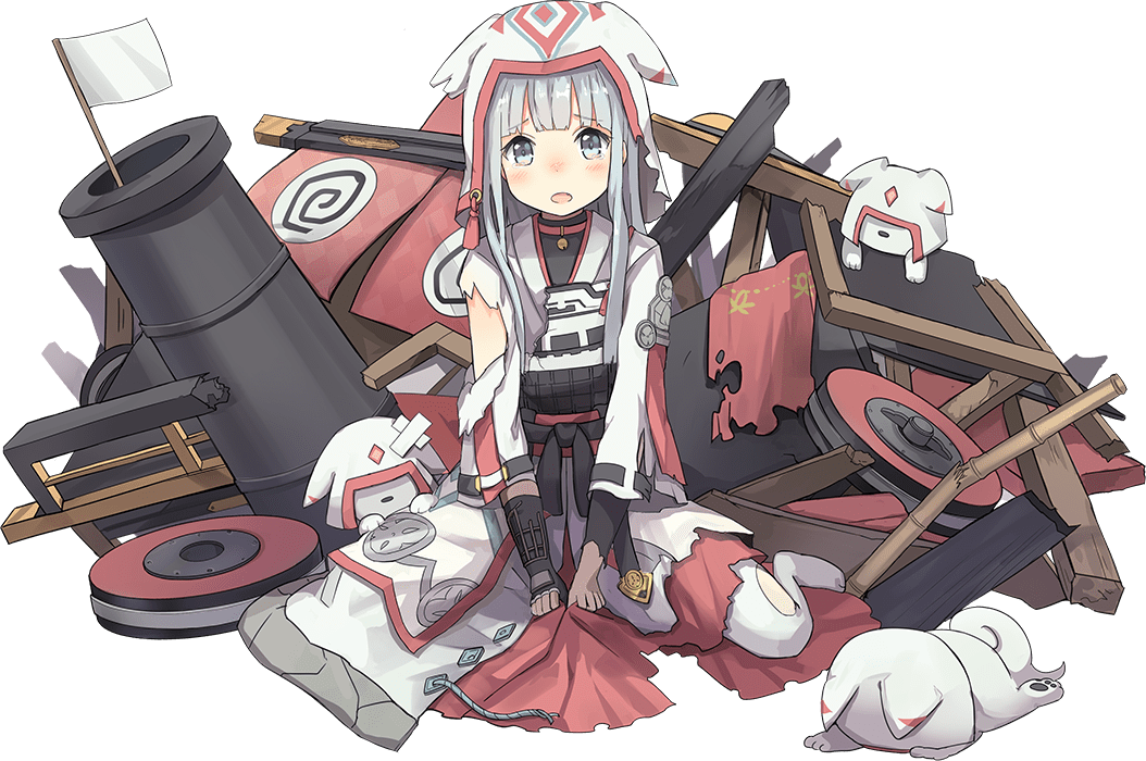 armor blush cannon fang fingerless_gloves flag gloves grey_eyes hat inuyama_(oshiro_project) long_hair looking_at_viewer nanashina official_art open_mouth oshiro_project silver_hair sitting white_flag