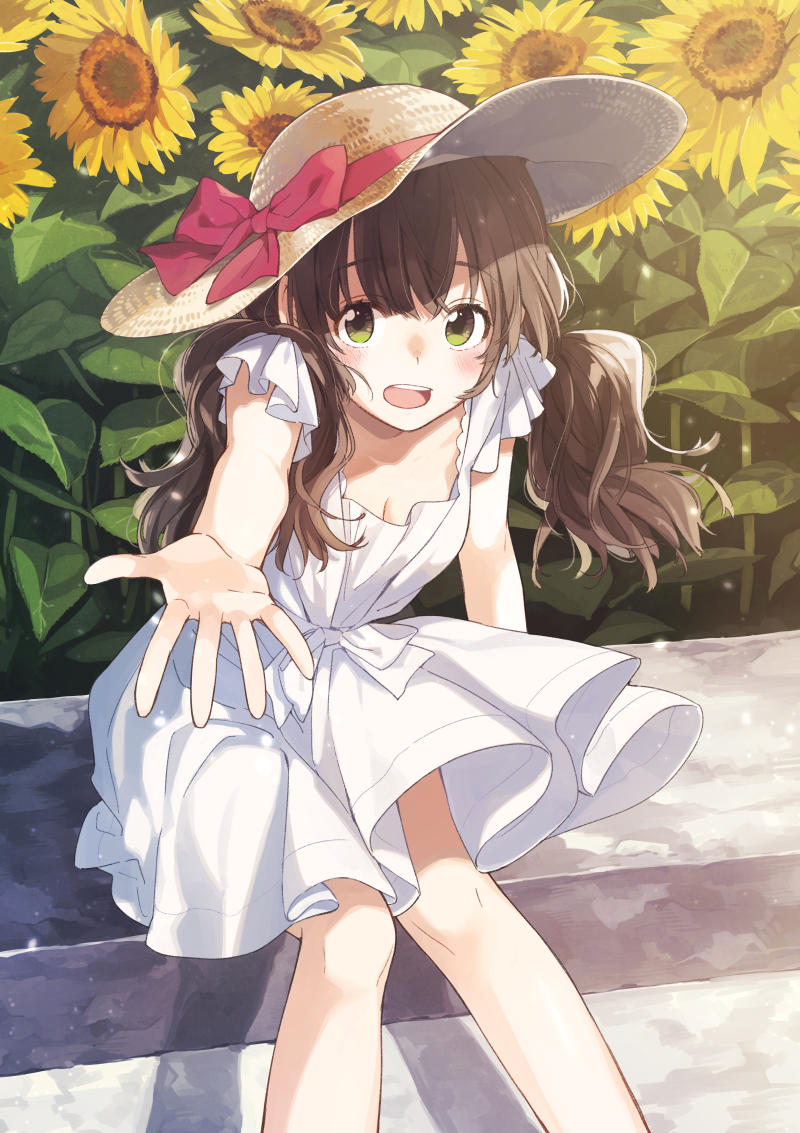 1girl bangs blush booota breasts brown_hair cleavage commentary_request downblouse dress eyebrows_visible_through_hair field flower flower_field green_eyes hat long_hair looking_at_viewer medium_breasts open_mouth original outstretched_hand short_sleeves sitting smile solo stairs sun_hat sundress sunflower teeth twintails wavy_hair white_dress