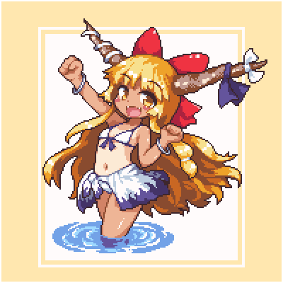 1girl bangs bikini blonde_hair blue_ribbon bow bracelet breasts eyebrows_visible_through_hair flat_chest front-tie_top hair_bow halter_top halterneck horn_bow horn_ribbon horns ibuki_suika jewelry kumamoto_(bbtonhk2) long_hair looking_at_viewer lowres navel outstretched_arm pixel_art red_bow ribbon smile solo swimsuit tan tanline touhou very_long_hair wading water white_bikini white_bow yellow_eyes