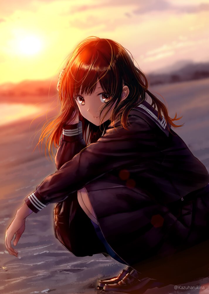 1girl bag bangs beach black_sailor_collar black_serafuku black_skirt blunt_bangs brown_eyes brown_hair clouds cloudy_sky commentary_request eyebrows_visible_through_hair from_side hand_on_own_head hand_up kazuharu_kina knees_to_chest loafers long_sleeves looking_at_viewer original outdoors pleated_skirt school_bag school_uniform serafuku shoes shoulder_bag skirt sky smile solo squatting sunset twitter_username wind