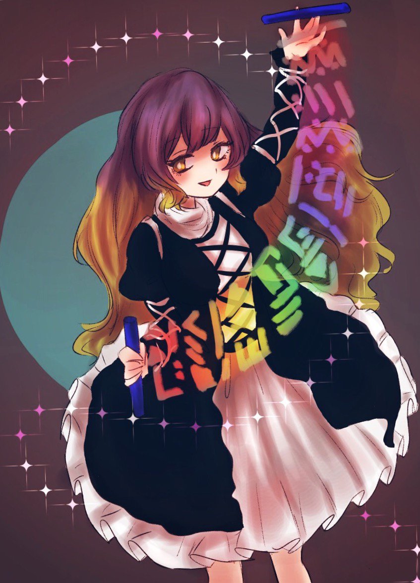 1girl :d dress fukufukupine gothic_lolita gradient_hair hijiri_byakuren light_brown_hair lolita_fashion long_hair looking_to_the_side multicolored_hair open_mouth purple_hair smile solo sorcerer's_sutra_scroll sparkle touhou yellow_eyes